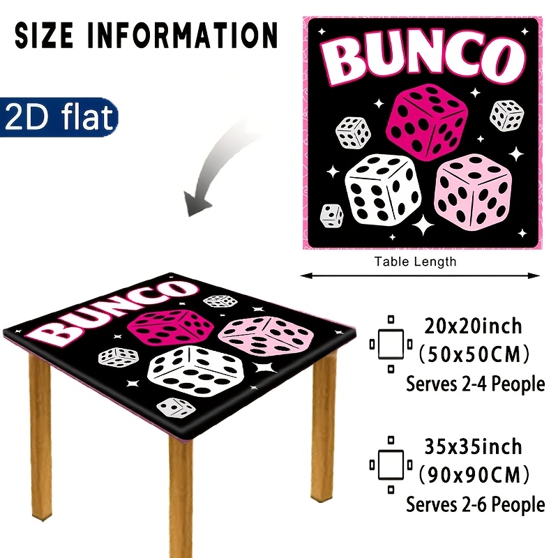 TEMU 2d Flat 1pc Elastic Tablecloth Black Background Pink White Bunco Dice Retro Graphic Print Design, Square Tablecover For Indoor, Outdoor, Patio,