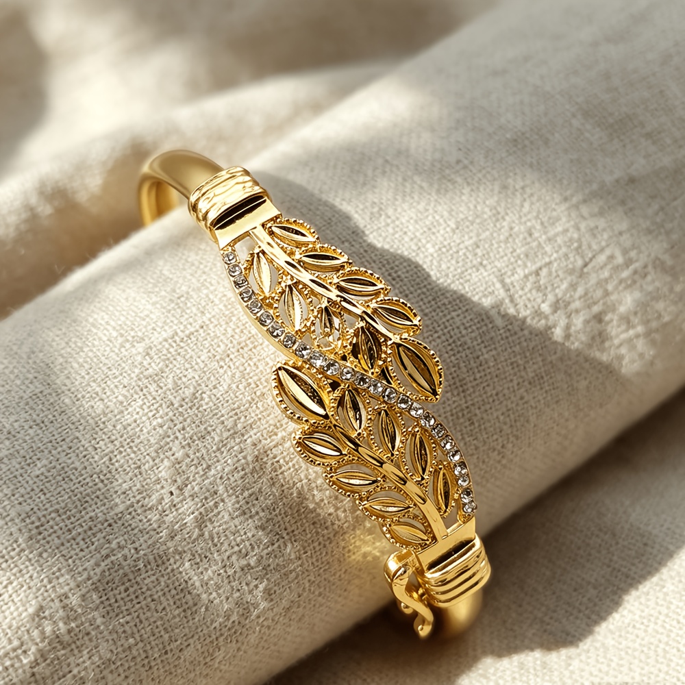 TEMU 1pc Luxury Bohemian Leaf Pattern Unisex Bangle Bracelet For And, Inlaid Sparkly Shiny Cubic Synthetic Cubic Zirconiaia, Elegant Boho Wrist