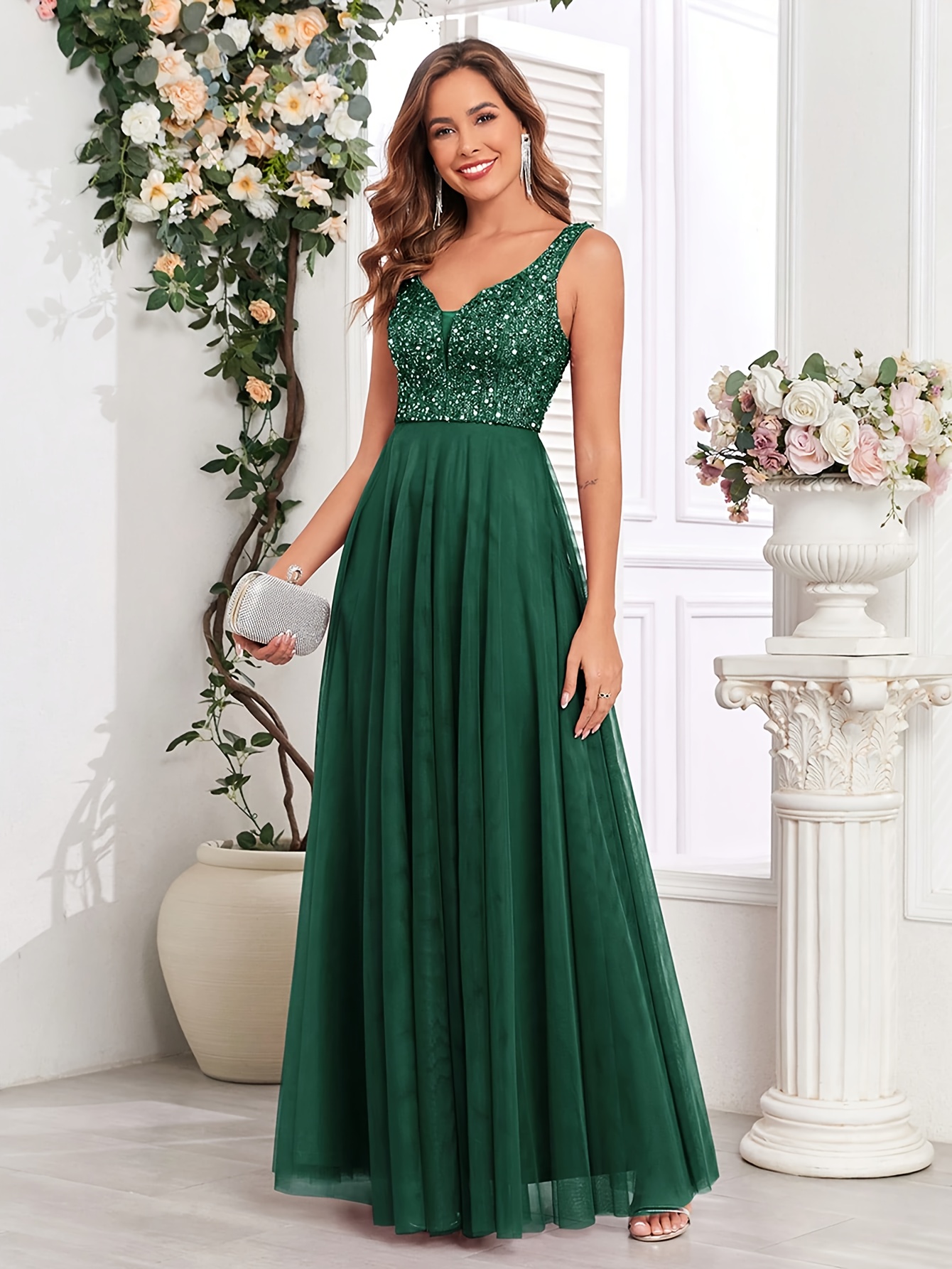 womens sequin dress bridesmaid gown jumpsuit v neck sheer - Temu Mauritius