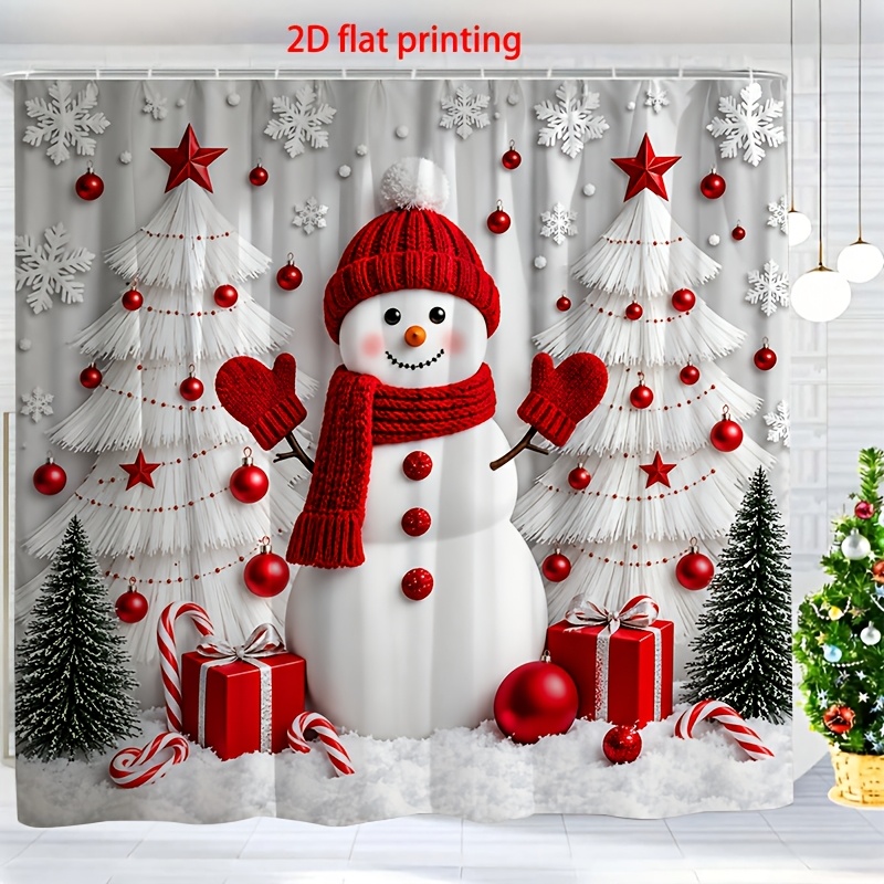 TEMU 2d Flat, 2d Flat, 2d Christmas Snowman Family Bathroom Curtain Set, 4pcs, Red Snowman Gift Box Christmas Bathroom Decor, Includes 1 Shower