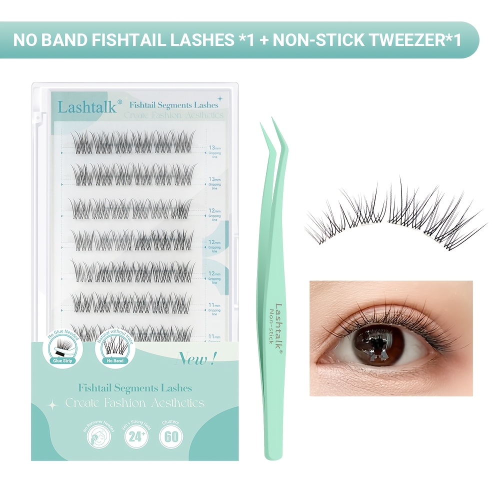 Lashtalk Clear Band Lash Clusters Self-adhesive Fishtail Eyelashes Anime Press- No Glue Needed Pre- 60 Clusters Eyelash Extensions Beauty