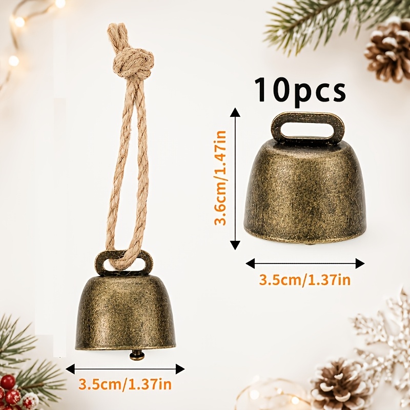TEMU 10 piezas de campanas de adornos navideños de metal vintage, con cordón de cáñamo, se pueden usar como campanillas de viento o collares para