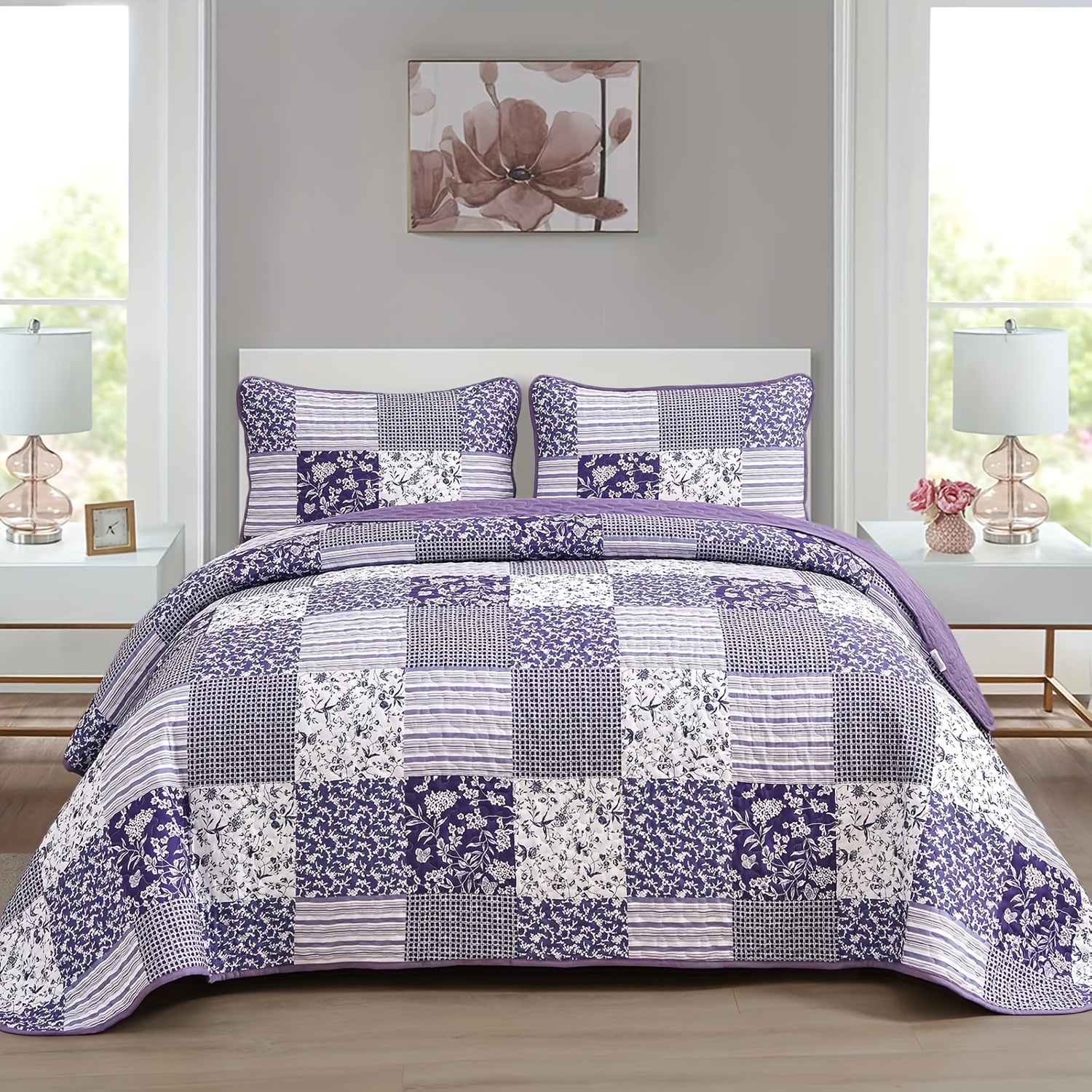 TEMU Purple Quilt Set Queen Size, 3pcs Boho Floral Bedspread Coverlet Set For All Season, Reversible Bedding Queen 90"x96"