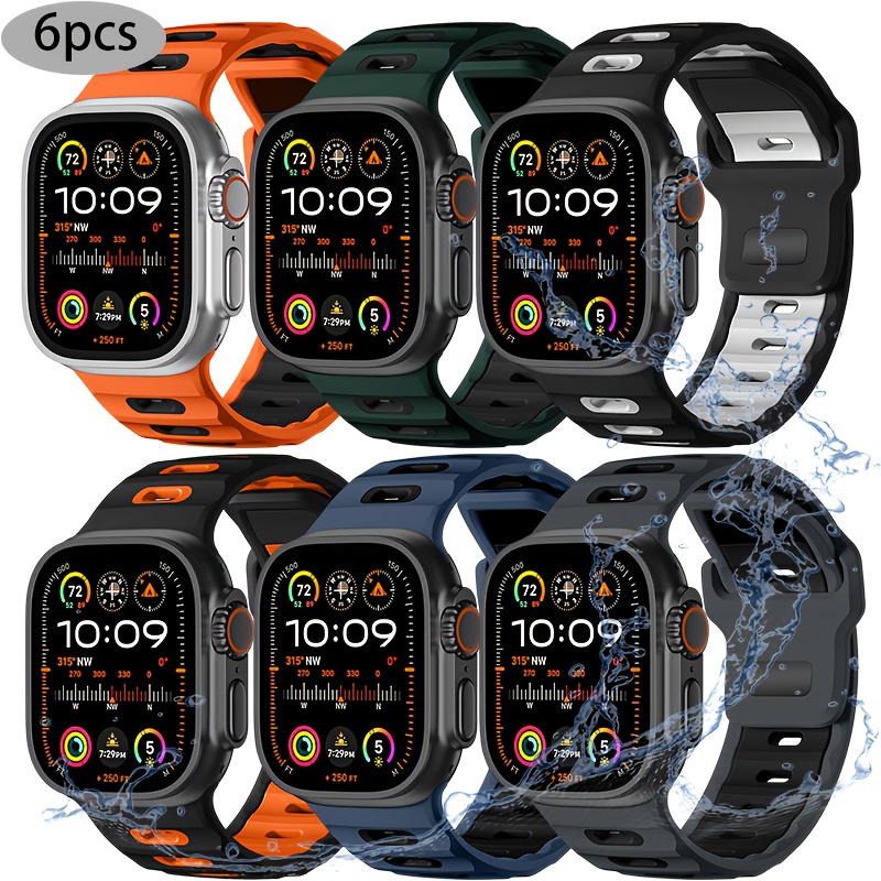 Image of Sport Bands 6-pack Compatible With Watch Ultra 2 Band 49mm 46mm 45mm 44mm 42mm, Wide Soft Silicone Wristbands Strap Men For Iwatch Series 10 6 5 4 3 Se Ultra