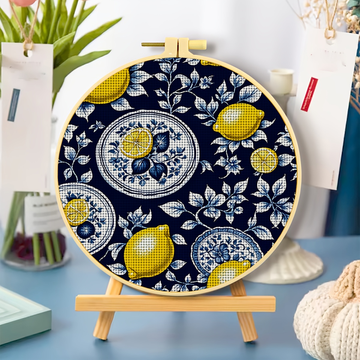 Round DIY Cross-Stitch Printed Kit with Embroidery Hoop, Deep Blue Lemon Tableware Pattern
