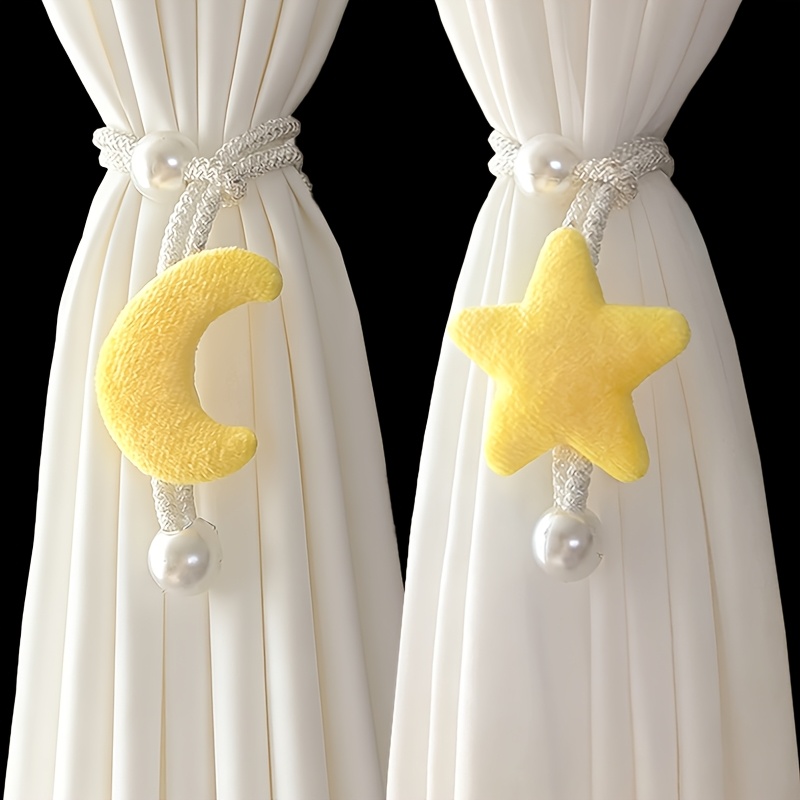 TEMU Juego de 2 piezas con diseño de luna y estrella, toquetes de cortina de de perlas, ajustables, decoración francesa para ventanas y adornos para