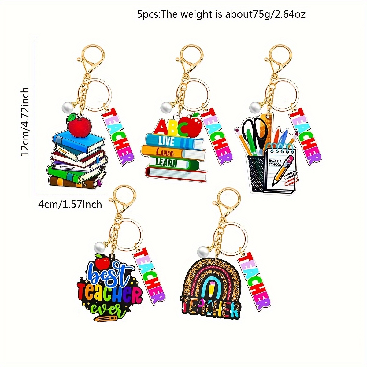 5 pack teacher appreciation keychains alloy wood cartoon themed key rings with tassel round shape lobster clasp homecoming festival decorative keychains for men and women details 3