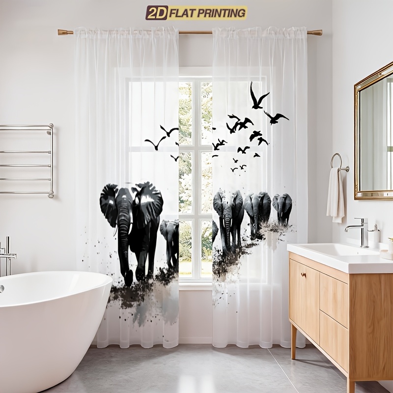 TEMU 2d Flat - 2d Flat - 4pcs (includes 2 Window Screens And 2 Curtain Tiebacks) Black And White Elephant Ink Splatter Window Screen, 2d Digital