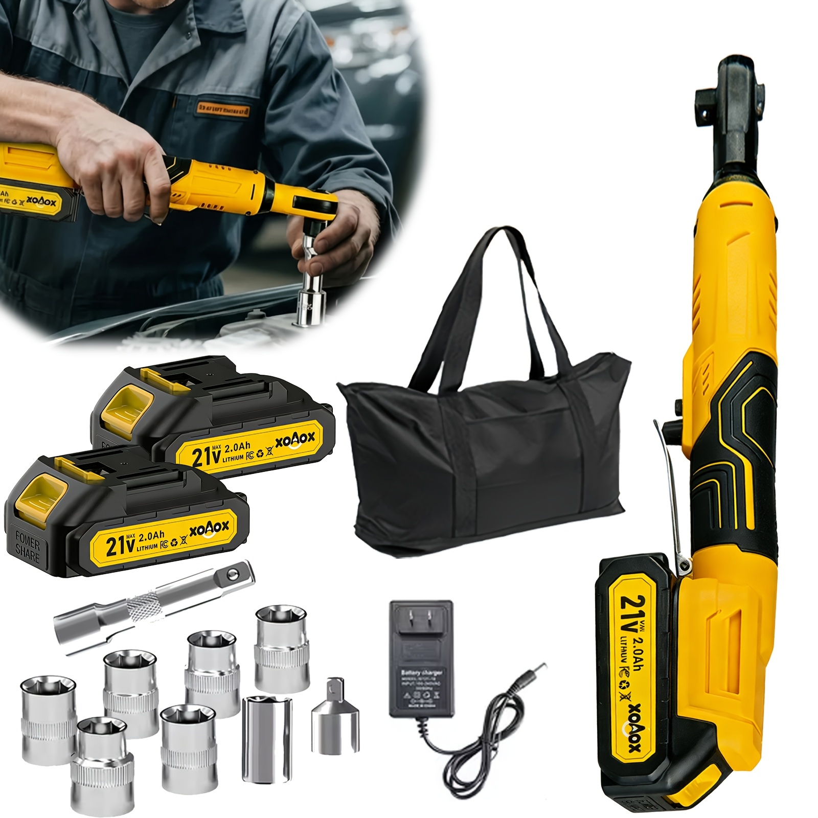 item picture 21v cordless ratchet wrench set 600 rpm 3 8 inch powerful rotary tool fast charging variable speed trigger 2 x 2000mah li ion batteries 7 sockets for   work   2 adapters ideal for car mechanical repairs   gift