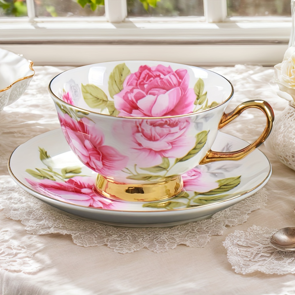   bone china teeset (1 tasse + 1 untertasse + 1 löffel) – handbemalte rosa rosen & goldakzente, viktorianisches nachmittagsteegarnitur –   für weihnachten, halloween & muttertag – luxusgeschenk für junggesellinnenabschiede, jubiläen & besondere anlässe