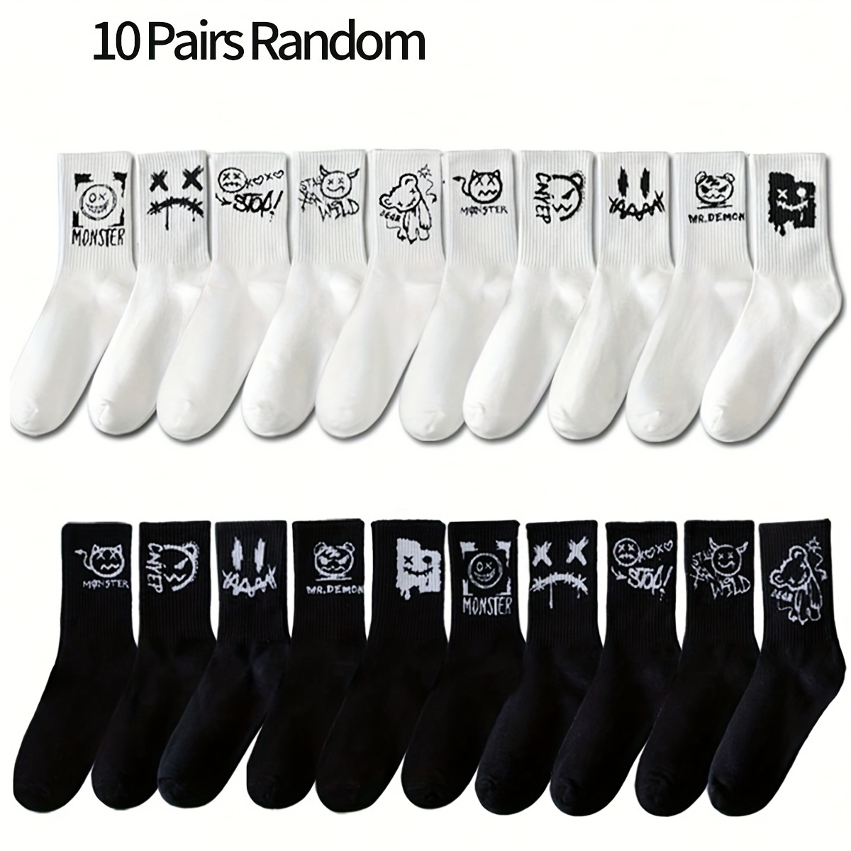 

10 Pairs Of Teenager's Fashion Pattern Crew Socks, Comfy Breathable Socks For Daily Wearing