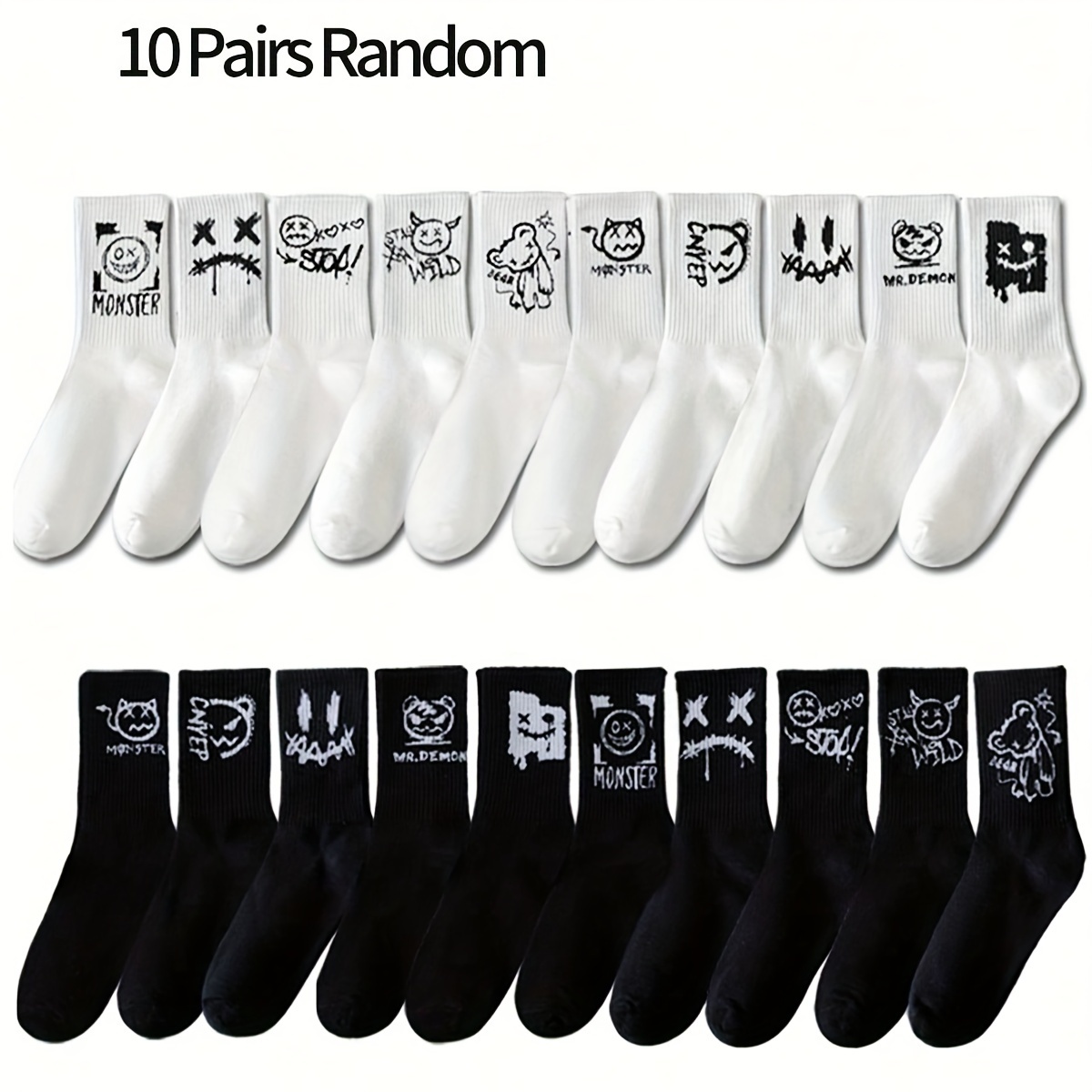 

10pcs Men' & White Novelty Graphic Crew Socks - Breathable, Comfortable Polyester , Ideal For Sports & Casual Wear, Random Styles Assorted, Cute Socks