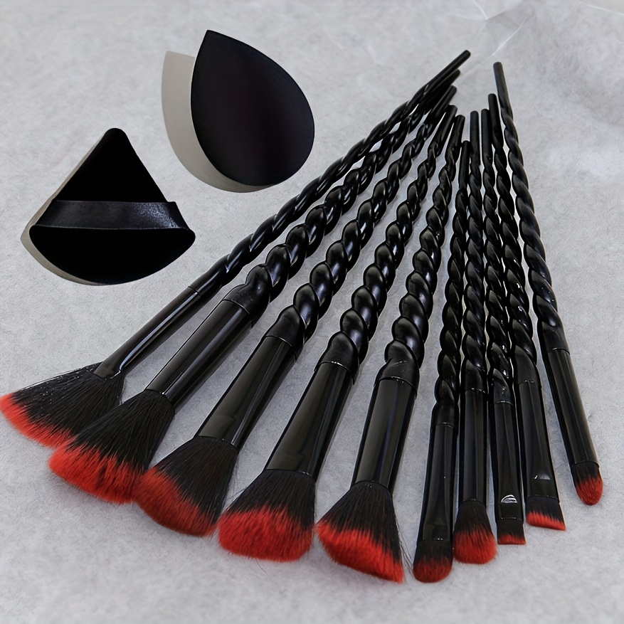 TEMU 10pcs Punk Gothic Makeup Brush Set | Shadow, Blush, Lip And Powder Brushes With Egg Sponge And Puff, Nylon Bristles For Sensitive, Normal Skin,