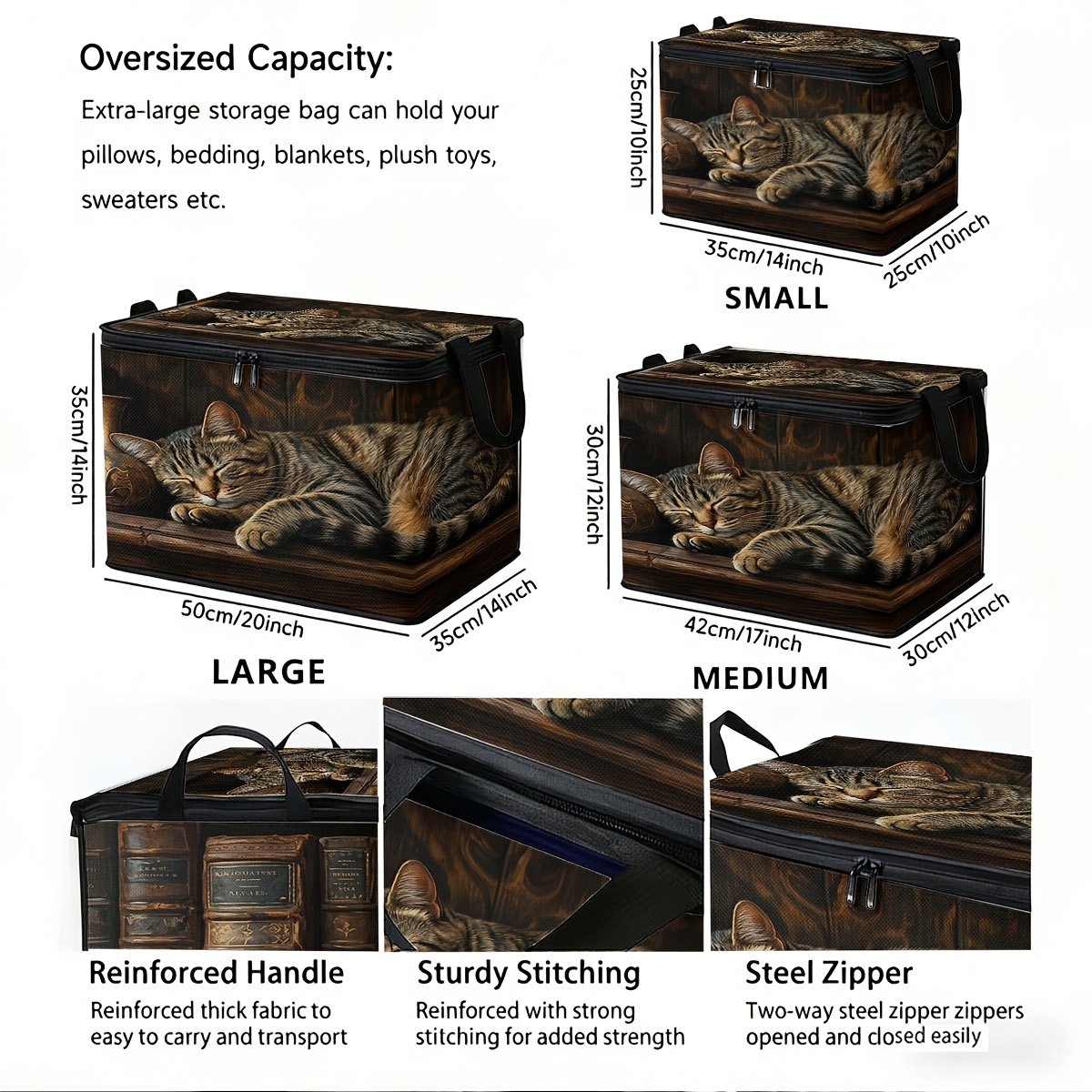 TEMU 1pc Rectangular Large-capacity Storage Box With A Design Featuring A Resting Cat On A Vintage Book, Featuring A Sturdy And Durable Zipper.