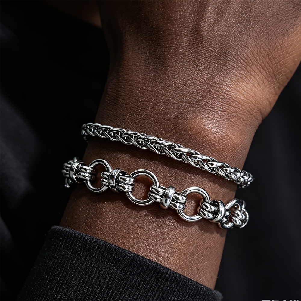 TEMU 2pcs Men's Stackable Silvery Bracelet Set, Vintage Thick Chain Stackable Bracelet Set, 304 304 304 Stainless Steel Wristband, High Polish Glossy