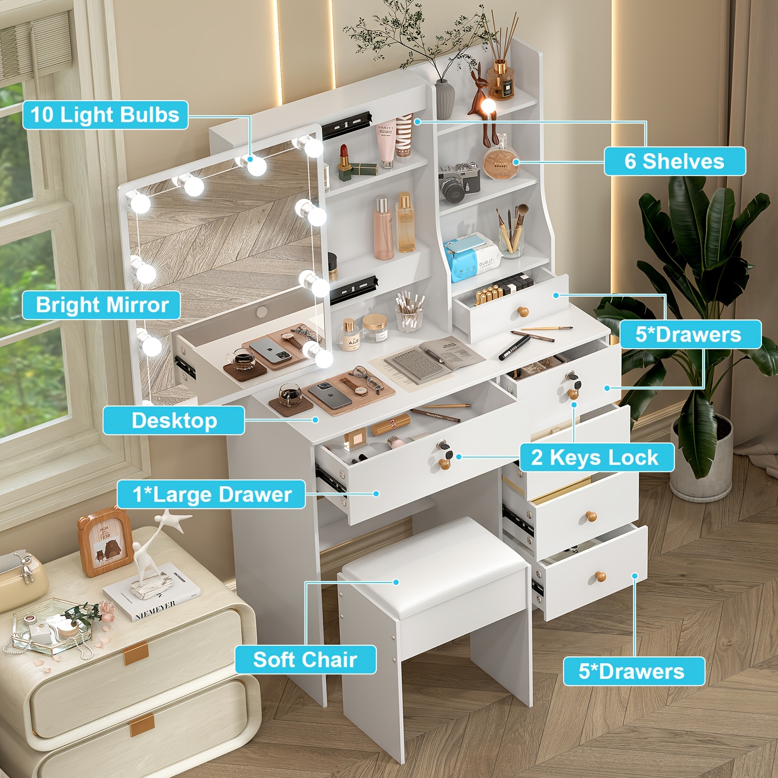 Stylish Lighted Vanity Set with Hollywood Mirror & Ample Storage