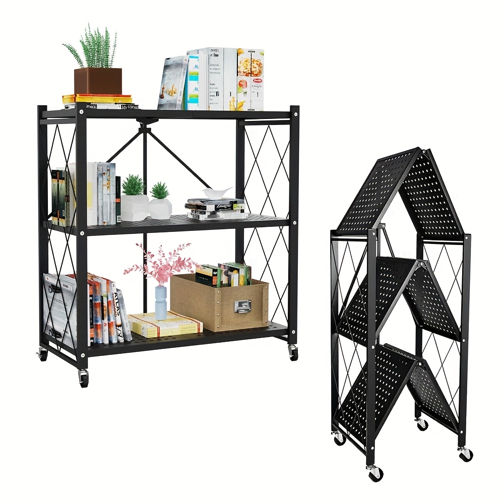 TEMU Portable Foldable Multi-tier Metal Storage Rack With Wheels - No Assembly Needed, Heavy-duty & For Garage, Kitchen, Office Organization, Food