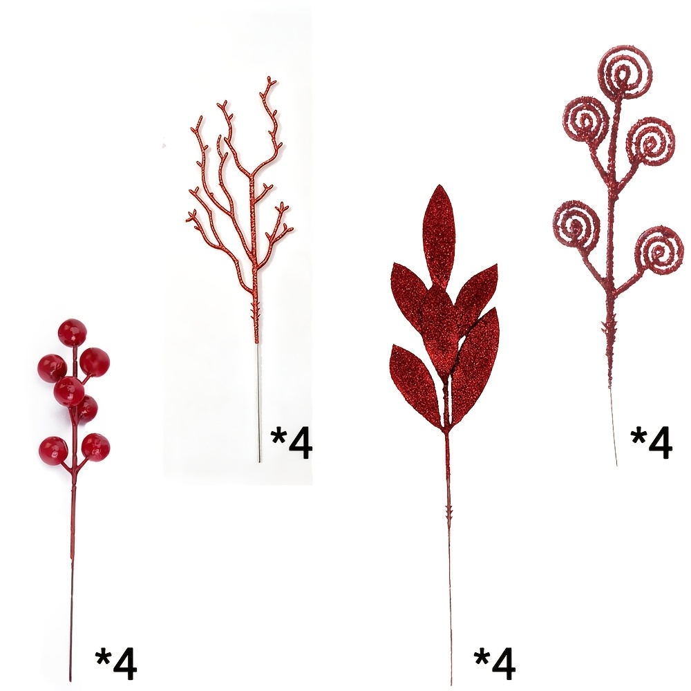 TEMU 16pcs Mixed Plastic Glitter Tree Picks And Sprays Twigs Branches, Red Artificial Curly Stem Picks Ornaments For Wreath, Halloween Vase Fillers