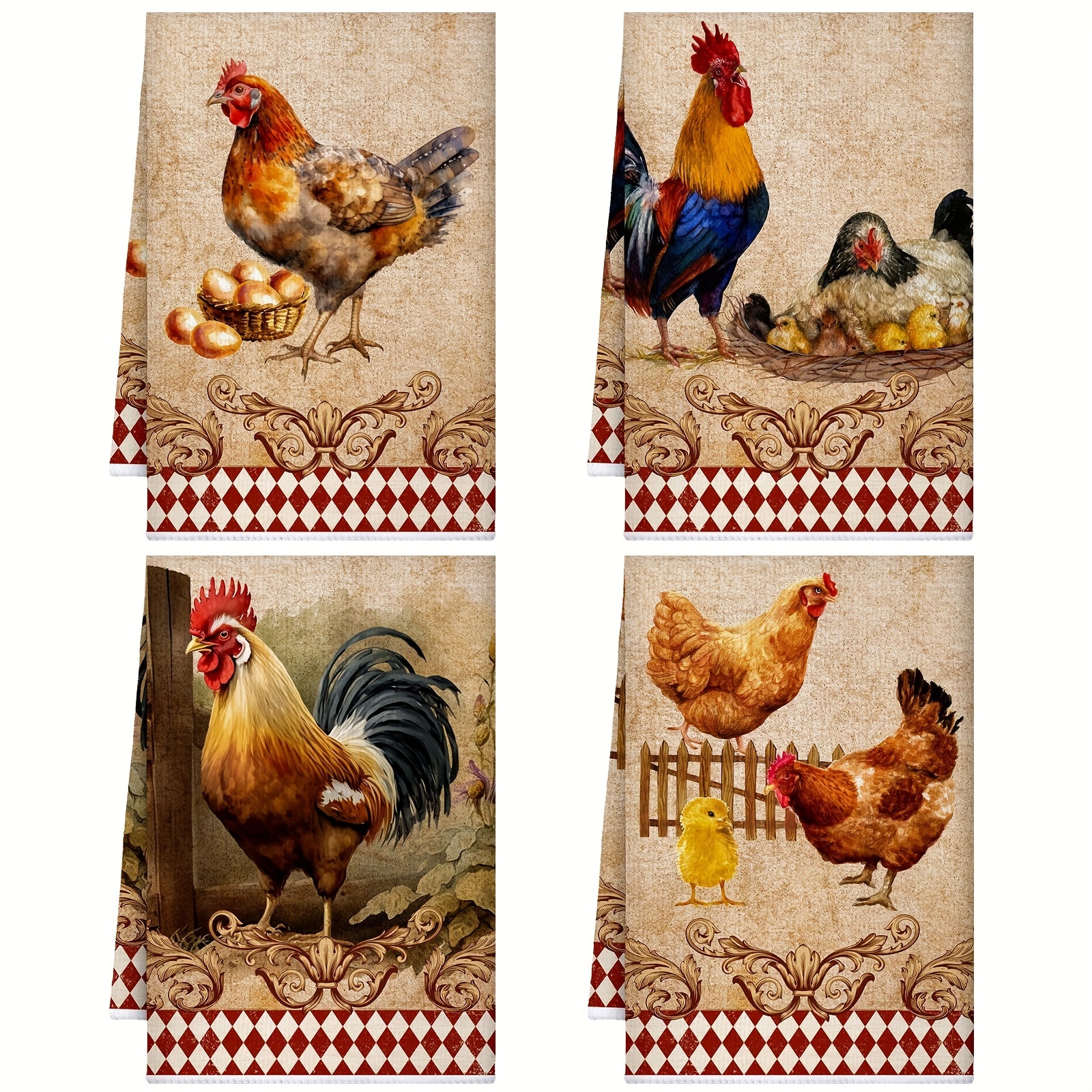 

4pcs, Hand Towels, Farmhouse Rustic Rooster Kitchen Towels, Polyester Dish Cloths, Country Style Hand Towels, Vintage Christmas Bathroom Tea Towels In Classic Colors
