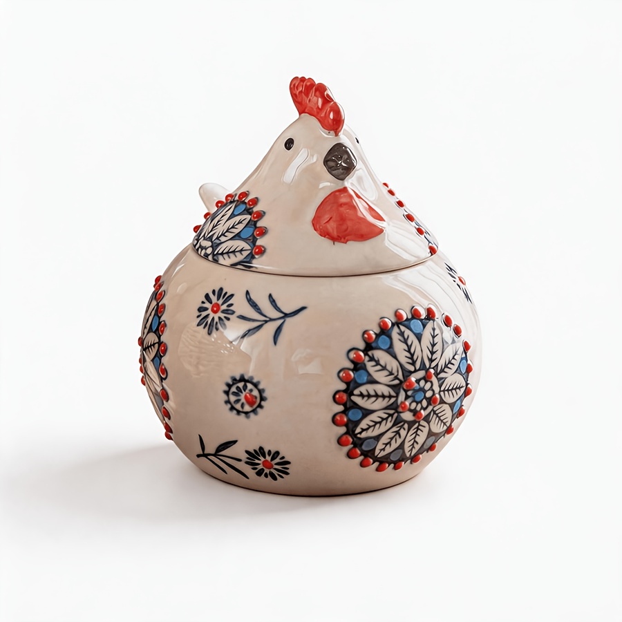 TEMU 1pc 400ml/13.5oz Cute Chicken Shaped Ceramic Tea Cup, Decorative Floral Pattern Shaker With Lid, Novelty Kitchen Storage Jar For Spices, Sugar,