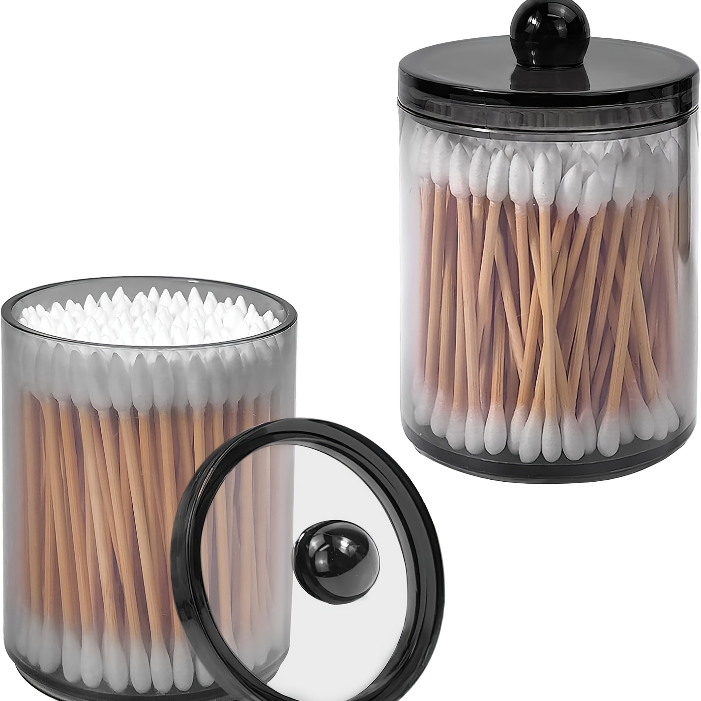 Image of 2pcs Black Plastic Cotton Swab Storage Box Set, Suitable For Bathroom Vanity Organization - Can Store Cotton Balls, Cotton Pads, Floss Sticks, Hair Clips, Etc