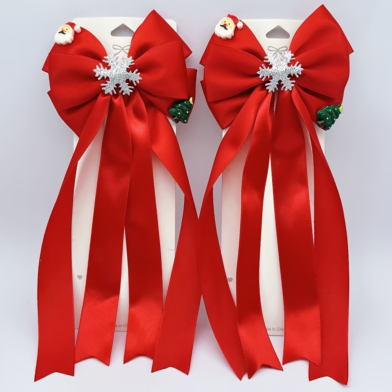 TEMU 2-pack Christmas-themed Long Tassel Bow Hair Clips, Smooth Polyester Satin Ribbon Holiday Cartoon Tail Non-damaging Duckbill Clips, Suitable For