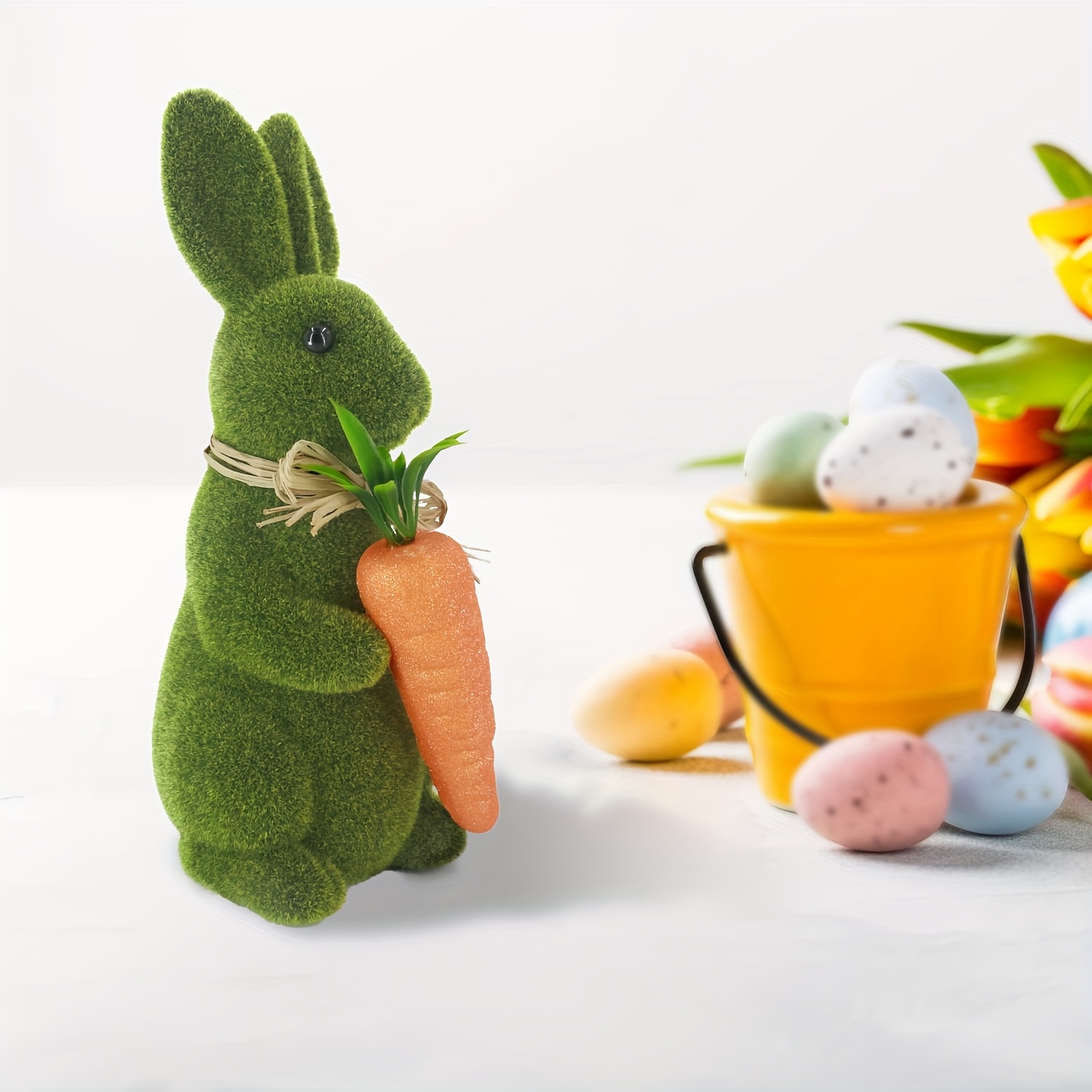 

Easter Bunny Decor - 12" Lifelike Moss-flocked Rabbit Statue, Green Furry Spring Easter Ornament For Desk, Gift