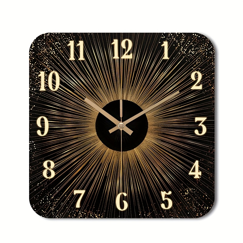 TEMU 1pc 2d Flat Wall Clock Non-ticking Wooden, Decorative Square Clock Hd Glossy Lamination End Abstract Goldenen Clock Design Room, Bedroom,