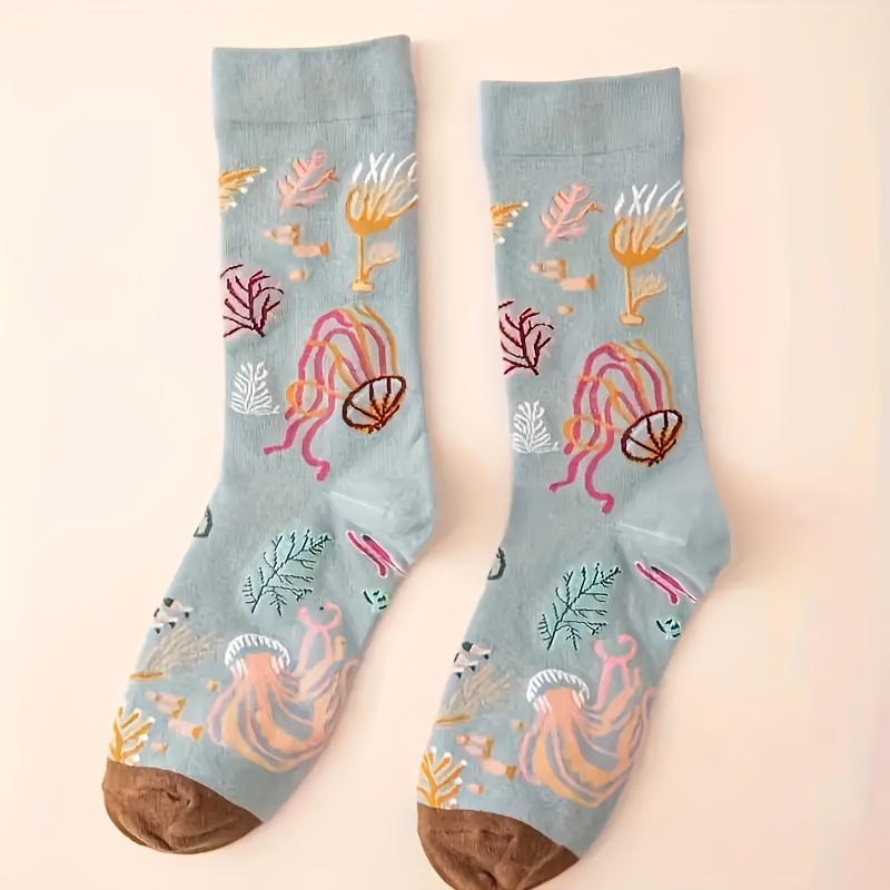 TEMU Pair Of Women's Colorful Water Grass Mid-calf Socks - Breathable Polyester, Fashionable Animal Pattern