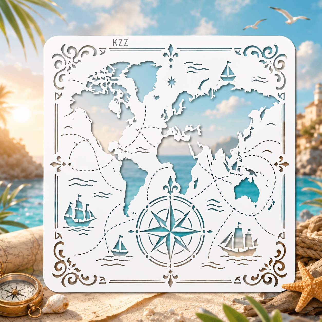 TEMU Reusable Nautical Chart Stencil With Compass & Maritime Symbols - 11.8x11.8 Inch Suitable For Painting, Drawing Templates For Crafts, Wall Art,
