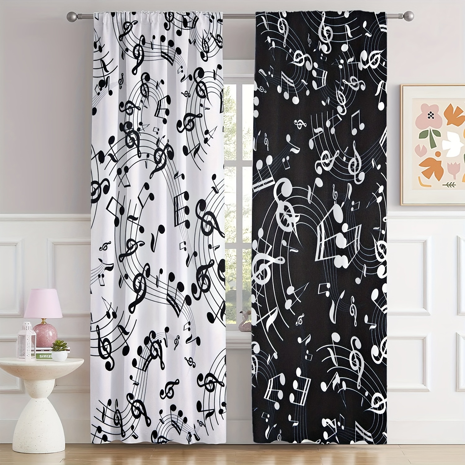 

Chic Black & White Music Note Curtain Set - 2pcs, Easy-hang Polyester Drapes For Living Room & Bedroom Decor, Machine Washable