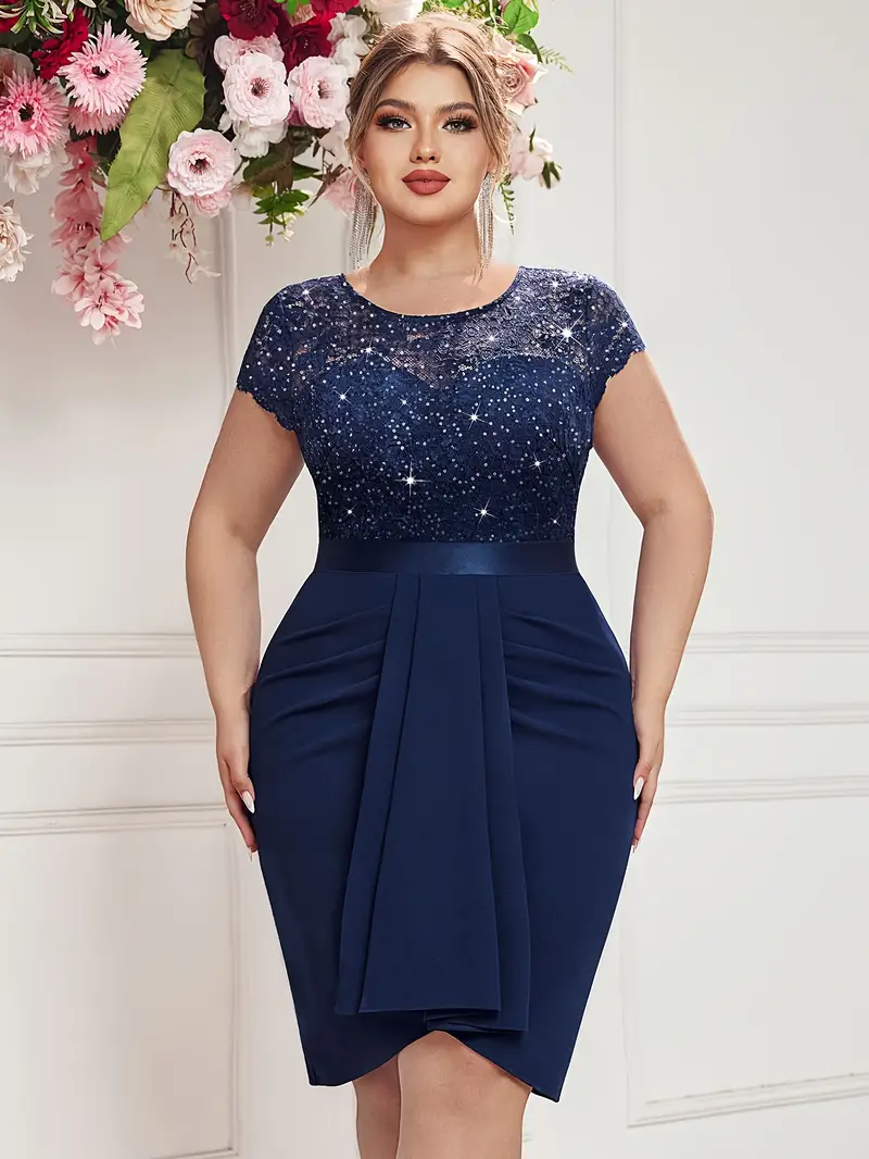 Plus Size - Plus Size - 54584 Round Neck Sequined Lace Spliced Chiffon Elegant * Fit Banquet Party Knee-Length Plus Size Women'S Dress Plus Size - Plus Size - 54584 Round Neck Sequined Lace Spliced Chiffon Elegant * Fit Banquet Party Knee-Length Plus Size Women'S Dress