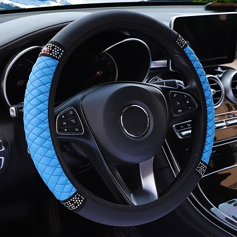

Pu Leather Steering Wheel Cover, Rhinestone Bling Design, Universal Fit 38cm/15inch, No Inner Circle - Stylish Car Accessory