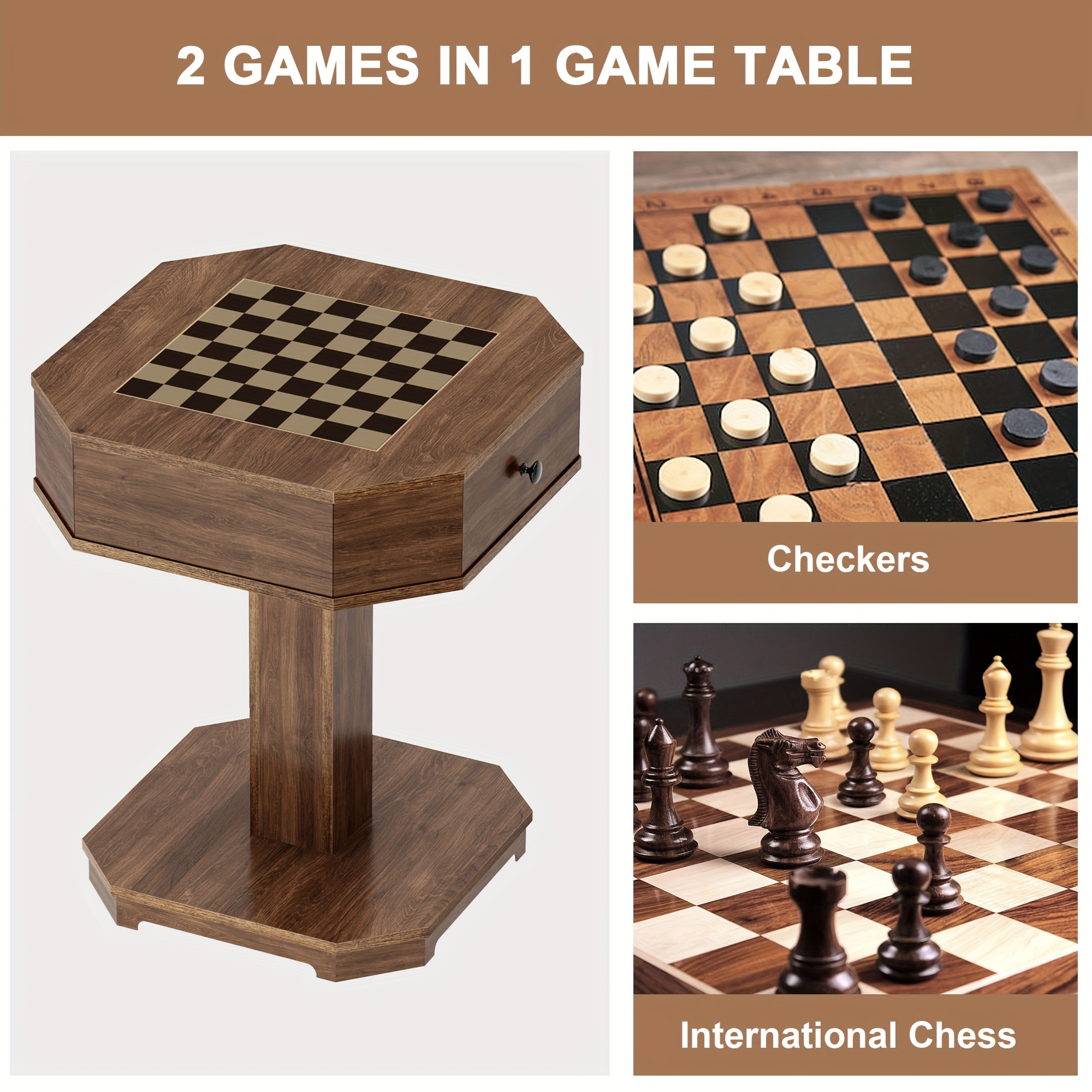 SOGES 2-Drawer Chess And Checkers Game Board Table, Combo Table For Chess And Checkers, Family Board Game Chess Table, Walnut Color