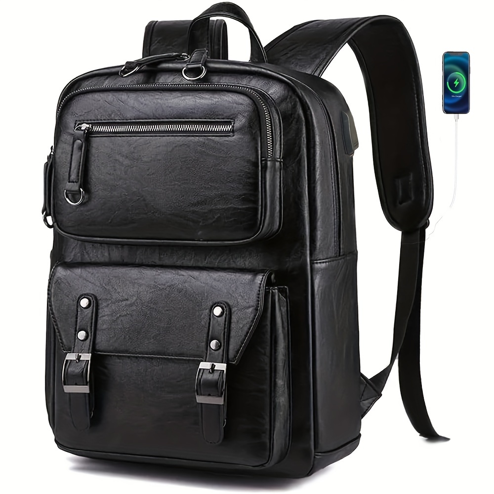 

Leather Backpack For Men Business Laptop Backpack Waterproof Travel College Backpack Daily Work Bags With Usb Charge