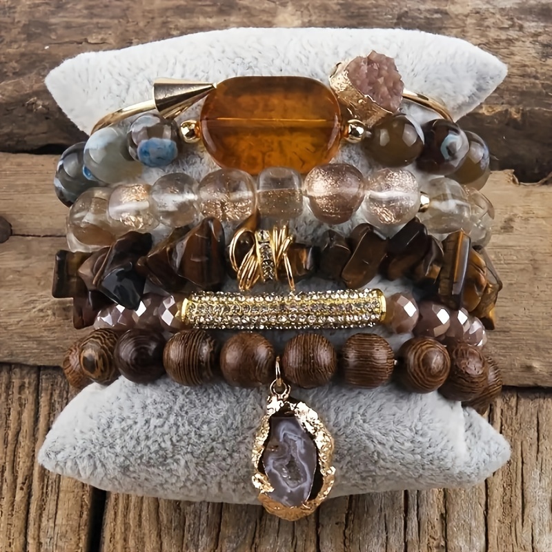 

6pcs Boho Natural Stone Chic Stretch Beaded Bracelet Set - Stackable Multi-layer Bracelet With Druzy Pendant Charm, Classic Design For Daily And Vacation Wear - Perfect Gift For Friend Or Family