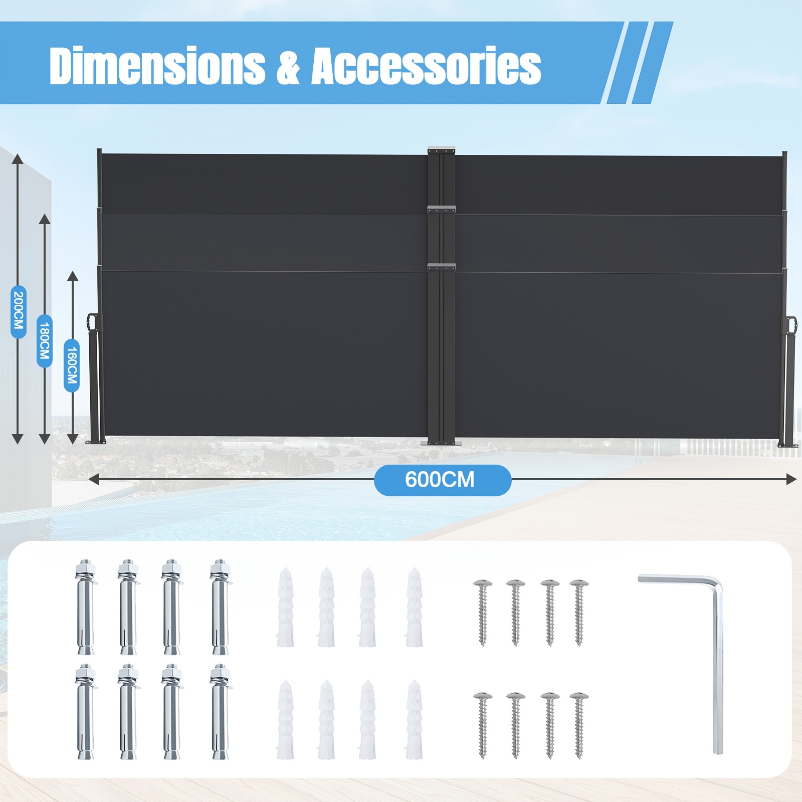 Lonflat Double-sided Retractable Side Pull Privacy Screen, L-shaped Wall-mounted Garden Divider, Size 160/180/200x600cm, , Light Grey, With Ergonomic Handle Courtyard Balcony Privacy Fence