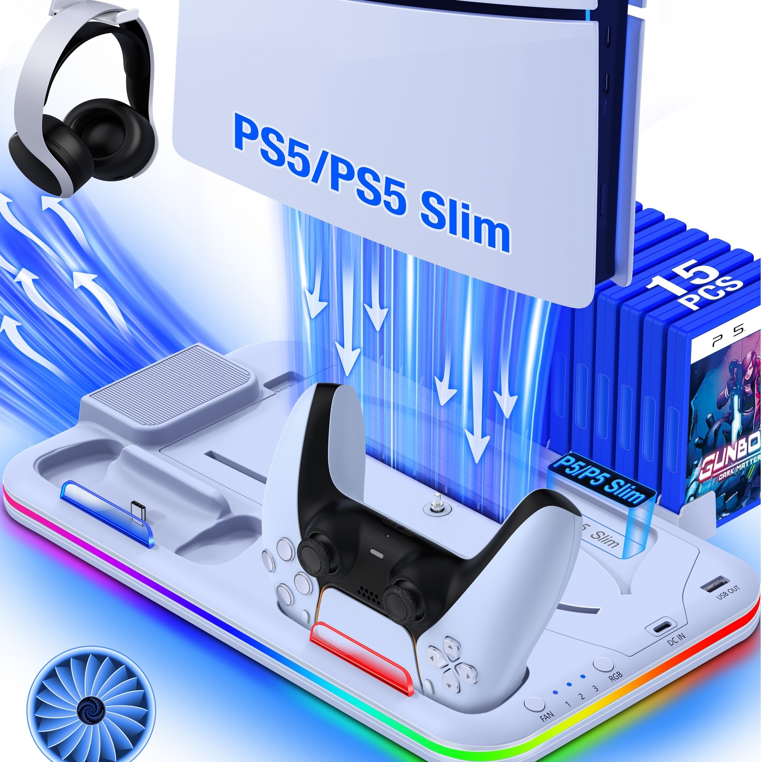 

For Ps5 Stand Cooling Fan For Ps5 Slim, & Disc Version With 3-speeds Adjustable Fan, Headset Holder, Rgb Lights-white