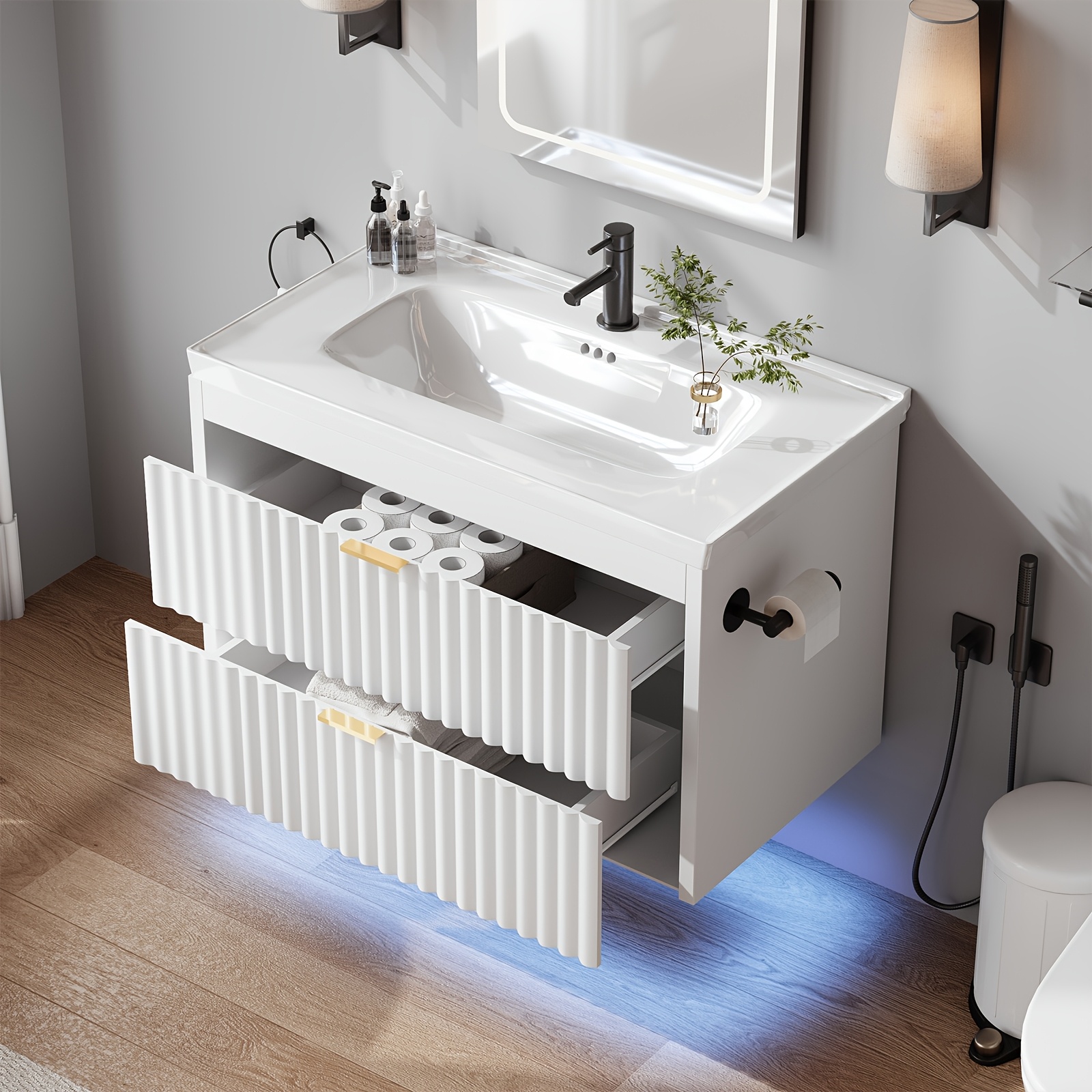 24-Inch Floating Bathroom Vanity with LED - Modern Wave Design Wall-Mounted Cabinet
