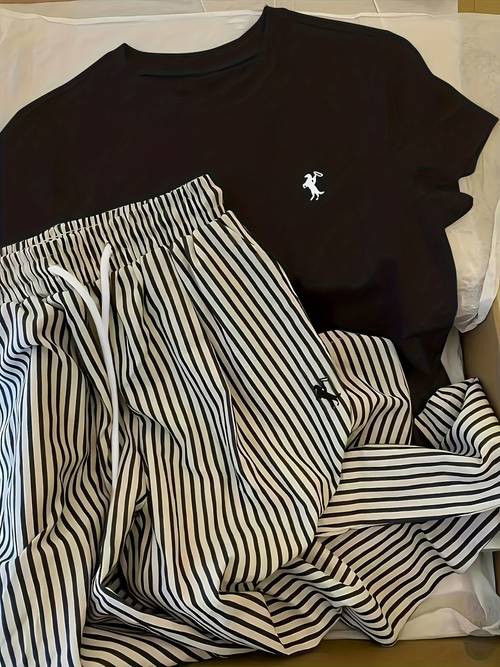 womens knight print t shirt and striped long pants 2pcs set