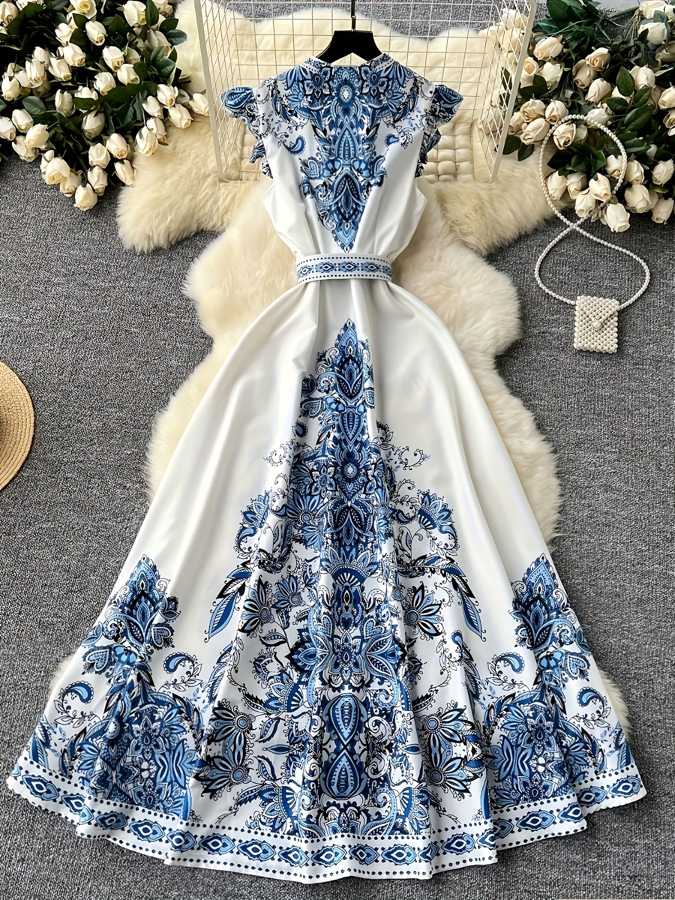 vintage style printed long dress with v neck single breasted closure and decorative details   adult   casual attire vintage dress single breasted dress Product details 1