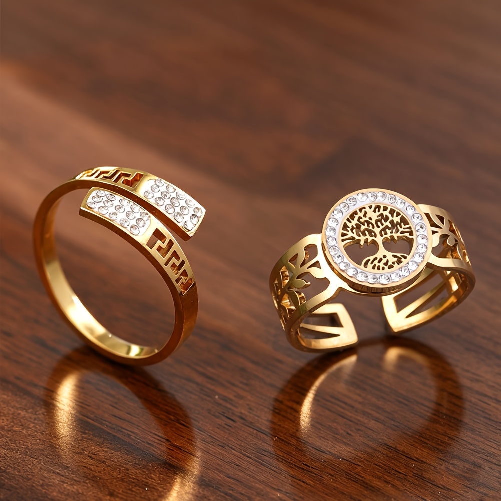 TEMU Coco 2pcs Rings, 304 Stainless Steel Adjustable Set For Women, Tree Of Life Hollow Synthetic Zirconia Ring Rhinestone Geometric Stackable Finger