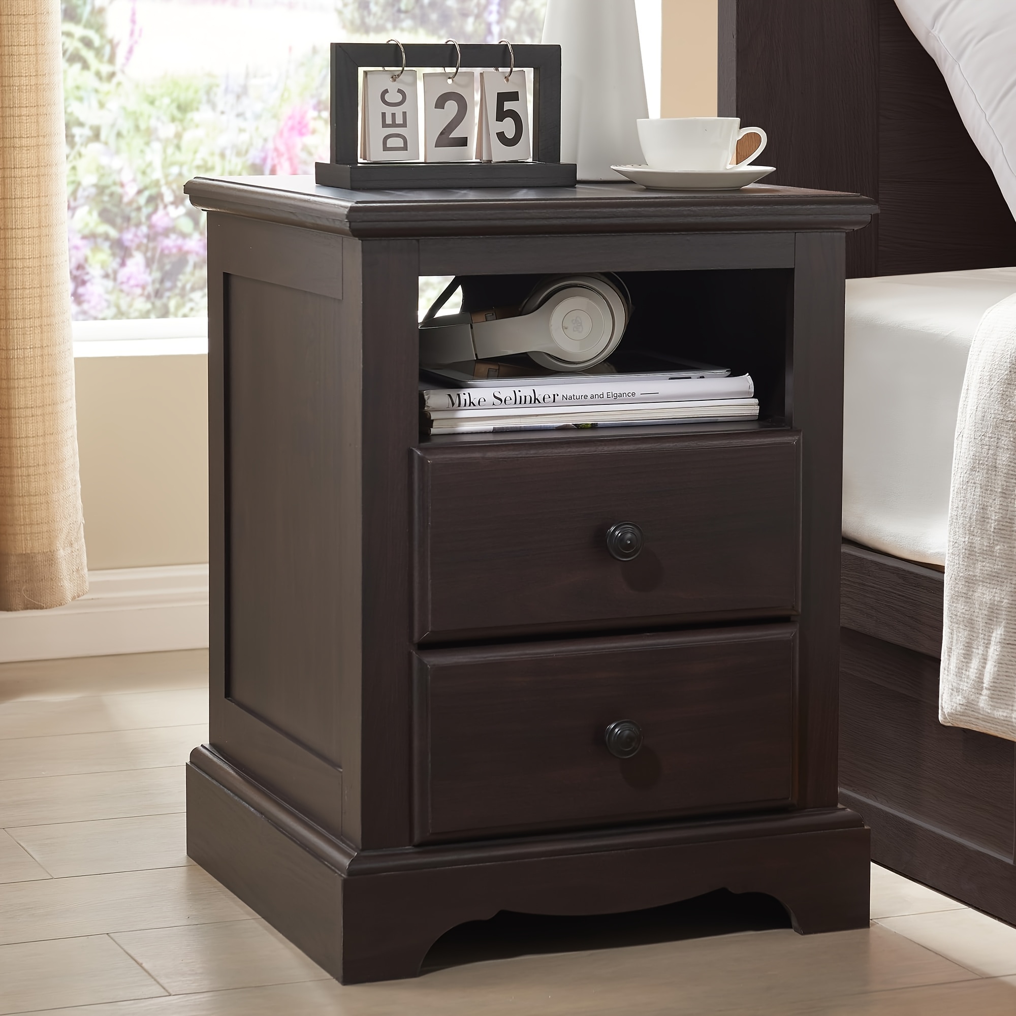18-inch Vintage Nightstand Made Of Wood, Featuring A Rustic Design With 2 Drawers And An Open Storage Shelf, Suitable For Use As A Side Table To A The Living Room Or As A Storage Table In The Bedroom