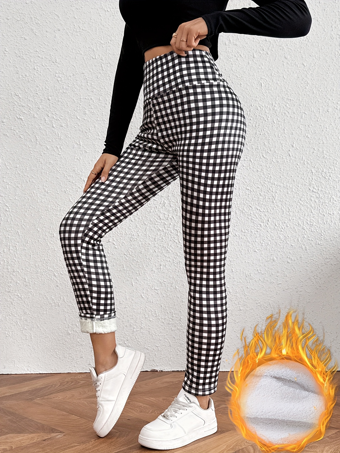 women s high-waisted thermal leggings - -over checkered print tummy control pants with white/black/grey/beige   pattern, full-length  , machine washable tight-fitting leggins for casual & formal wear, warm leggings for women winter, winter warm leggings for women, warm winter leggings for women, thermal leggings for women winter, warmer leggings for women, warm trousers for women, warmer pants for women, thermal trousers for women, thick winter leggings Product details 0