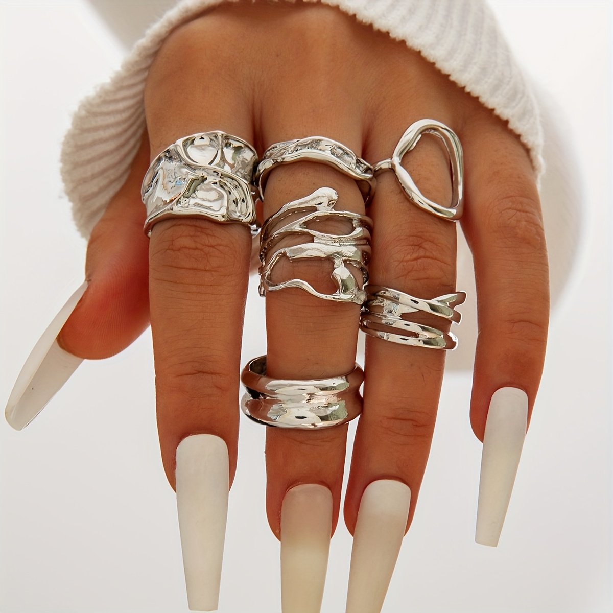 Image of 6pcs Set Of Retro Temperament Metal Geometric Hollow Irregular Line Opening Women's Ring Set Suitable For Daily Party Gathering Gifts