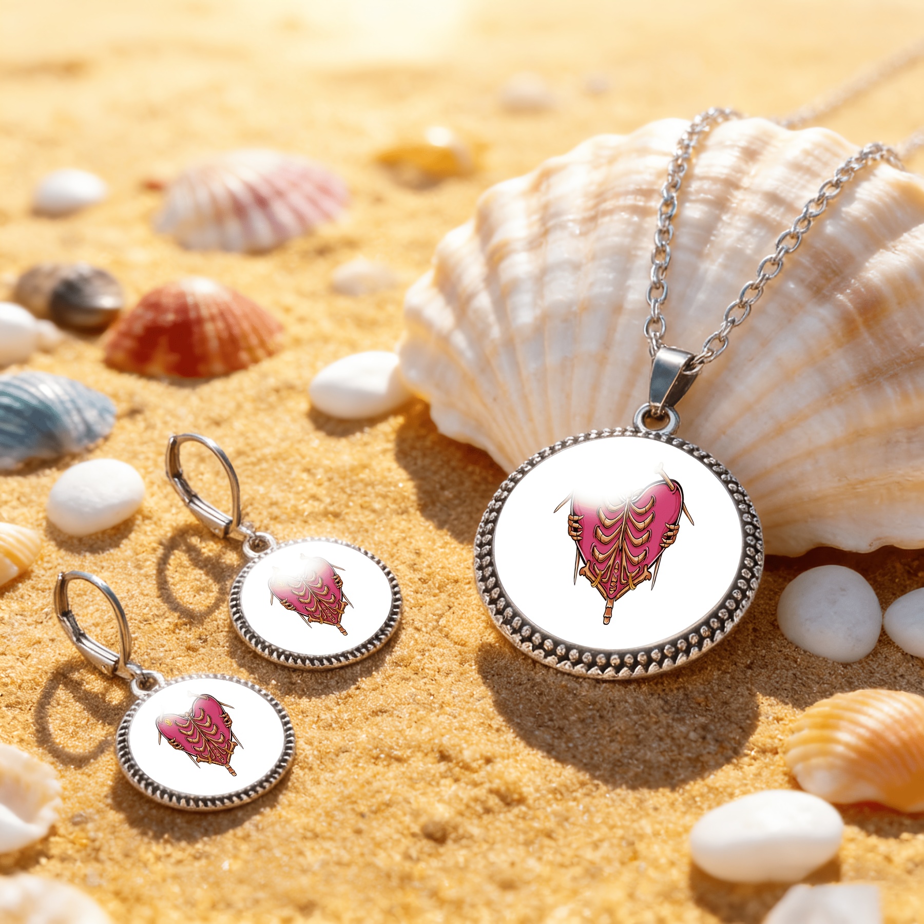 3pc Pink Heart Necklace & Earrings Set for Women, Classic Design