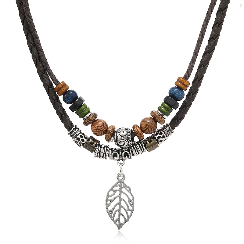 TEMU 1 Collar con colgante de hoja con cordón de cuero PU con cuentas, regalo