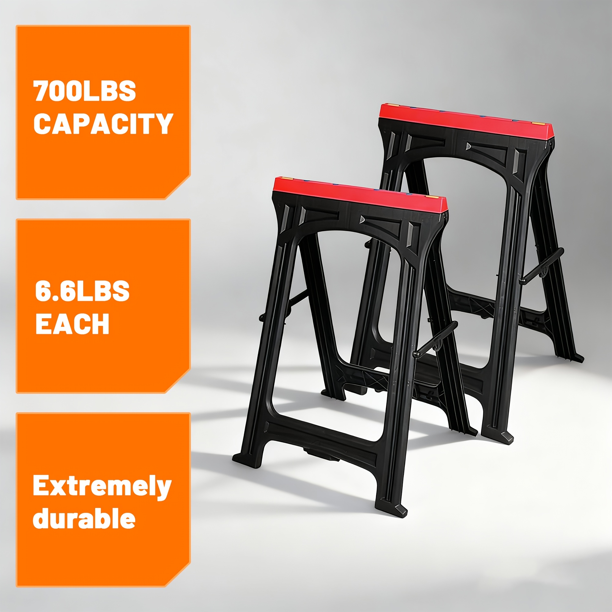 2 Pack Folding Heavy Duty Plastic Saw Horses, 350 lbs Load Each, 700 lbs Total, 1.9" Thick, Portable