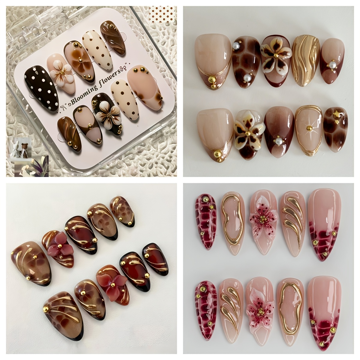 TEMU 40 stuks DANArtlux amandelvormige druk-op-nagels geschikt voor dames, 4 stijlen gemengde set met schildpad-amber-krul, 3D bloemen- & gouden