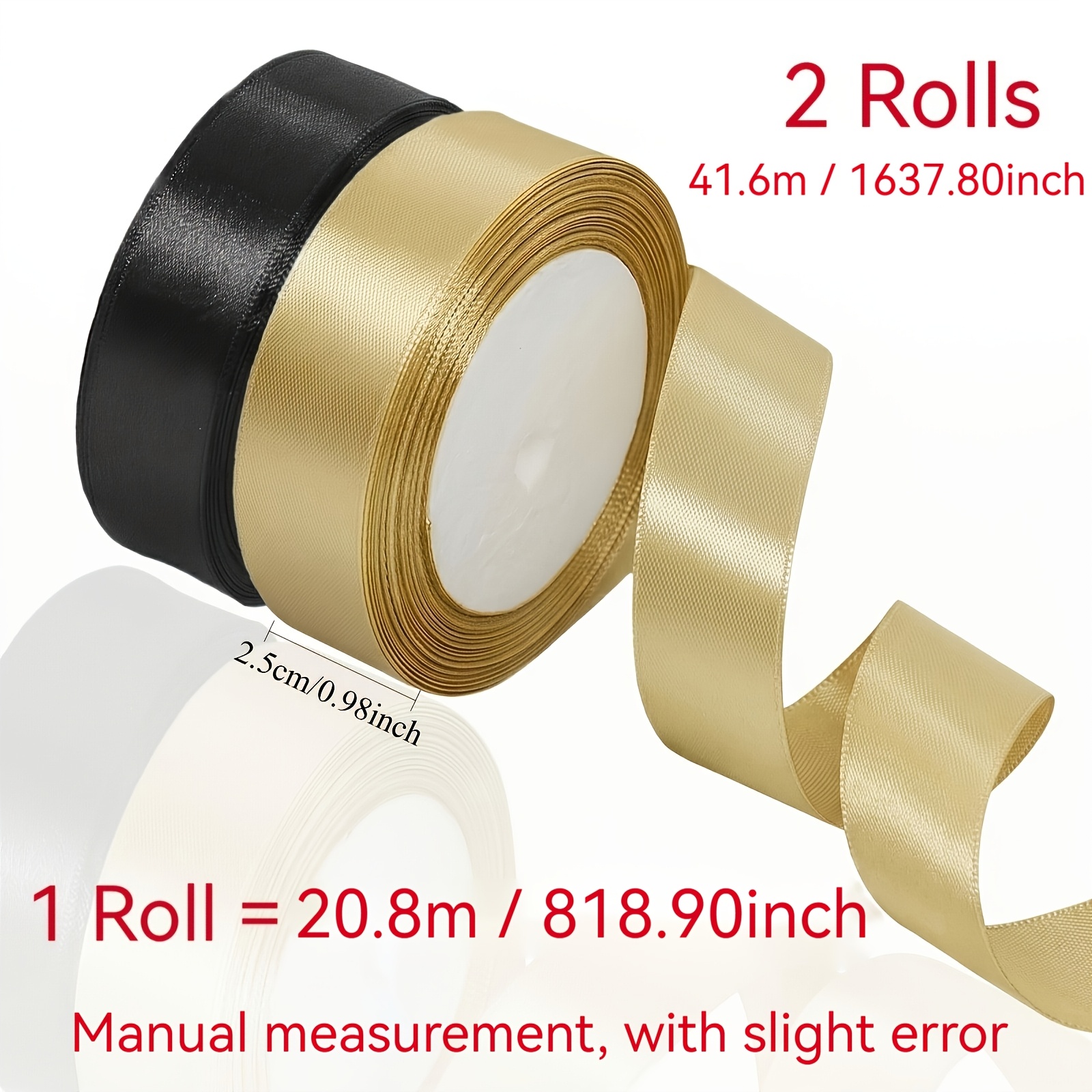 TEMU 2 Rolls Black And Champagne Golden 25mm Satin Ribbon 41.6m Packaging Ribbon Gift Box Decoration Ribbon Handmade Bows Wrapping Wedding Party